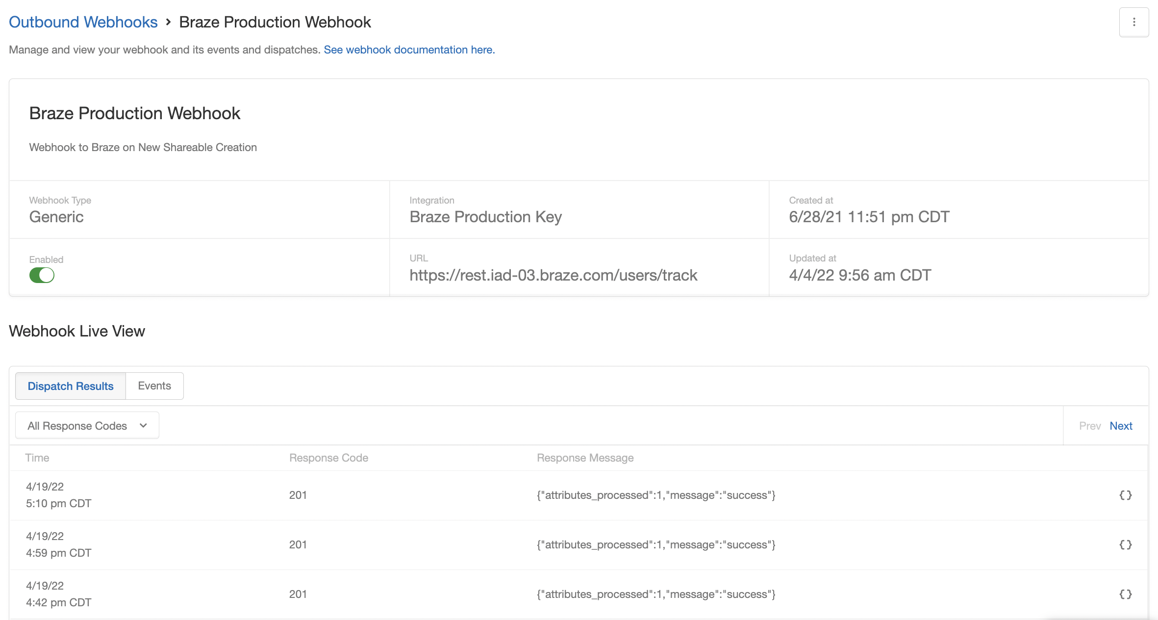 The Extole Outbound Webhook Center showing live events sent to Braze