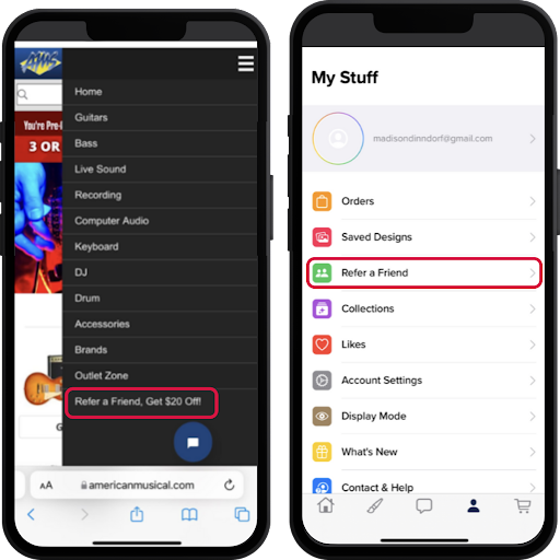 Screenshot showing The menu in your site is a high-visibility placement frequently used to promote Refer A Friend programs. By simply tapping on the "Refer a friend" or "Get...