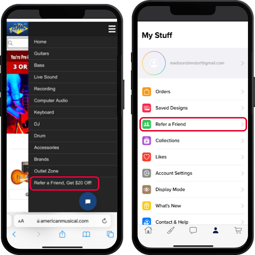 Screenshot showing The menu in your site is a high-visibility placement frequently used to promote Refer A Friend programs. By simply tapping on the "Refer a friend" or "Get...