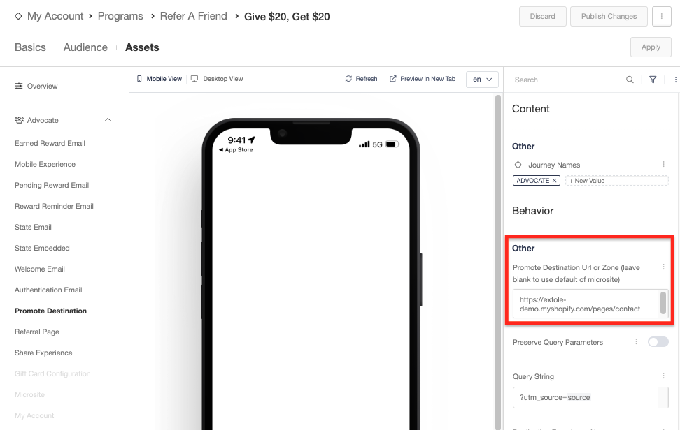 Screenshot showing Enter the URL of the page you've created in Shopify as the promotedestination URL ("Destination for Clicks on Promotions")