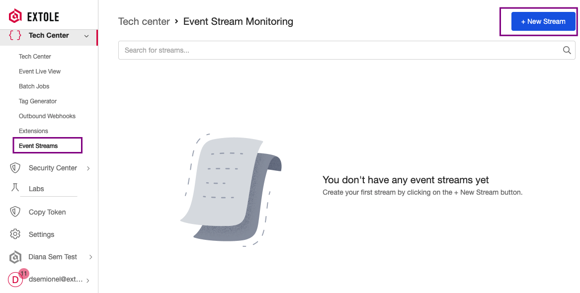 Screenshot showing Event Streams, found in the Tech Center of your My Extole account.