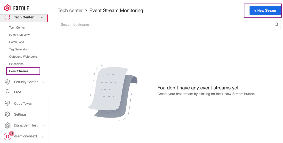 Screenshot showing Event Streams, found in the Tech Center of your My Extole account.