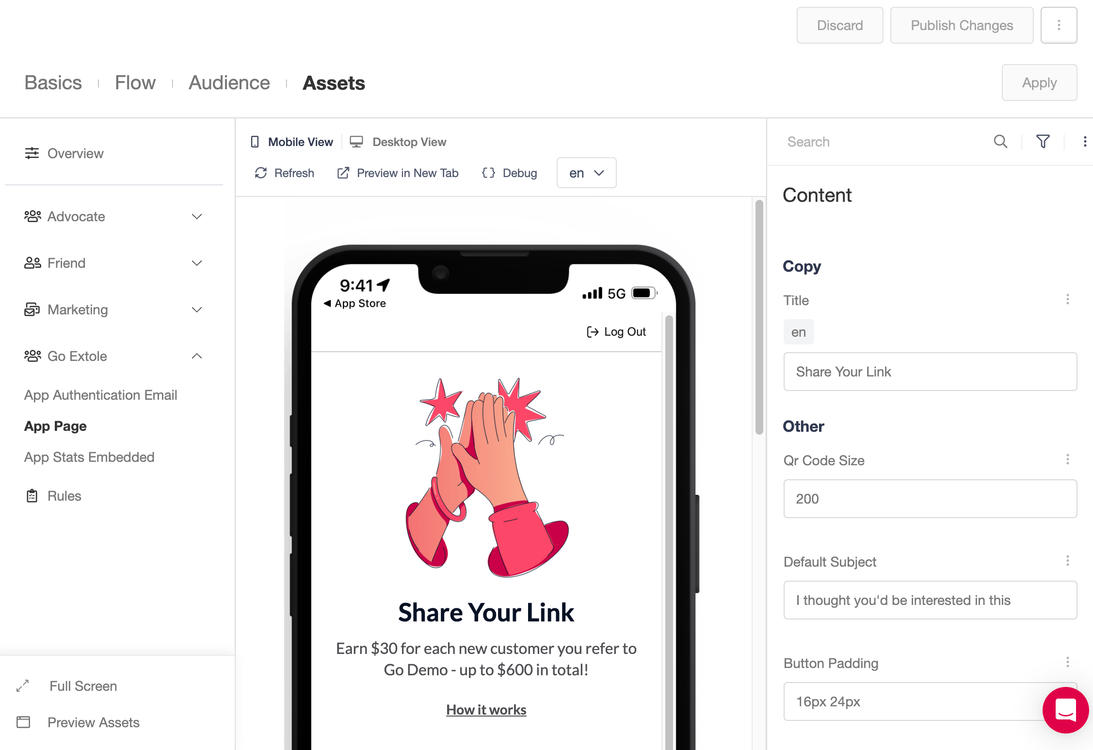 Screenshot showing The required creatives for a Go Extole referral program are the authentication email, the app homepage, and the stats dashboard. To edit those creatives,...