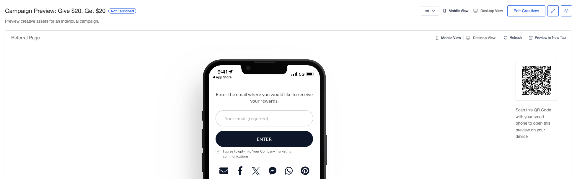 Screenshot showing If your campaign has multiple languages, you will also see a dropdown for selecting which language is being displayed in the preview.