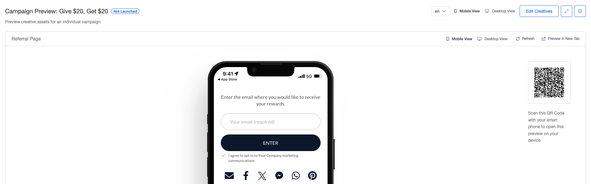 Screenshot showing If your campaign has multiple languages, you will also see a dropdown for selecting which language is being displayed in the preview.
