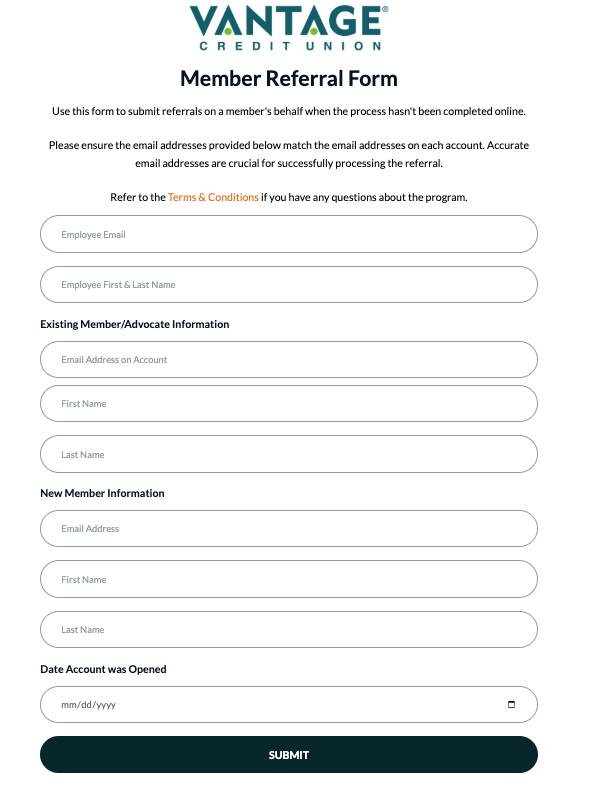 Screenshot showing The In-Branch Referral Page is an Extole-hosted form designed for employees to register referrals made in-person at your branch or location. It allows your...