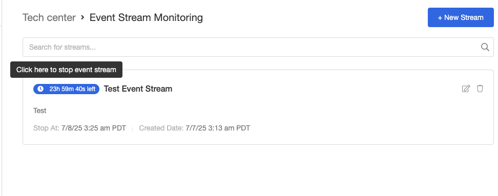 Screenshot showing To stop an active stream, click on the timer section.