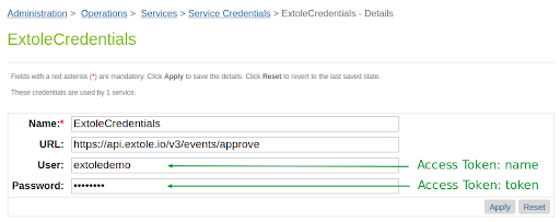 Screenshot showing Enter the Access Token Name and Token values you created in the Extole Tech Center in the User and Password fields.
