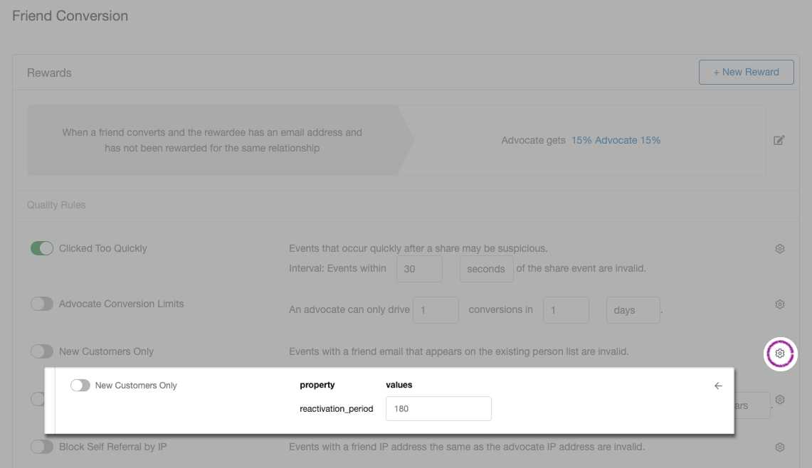 Screenshot showing Once on the campaign editor, click the Rules tab then scroll down to the Friend Conversion section (or Registration, depending on where you want to enforce...