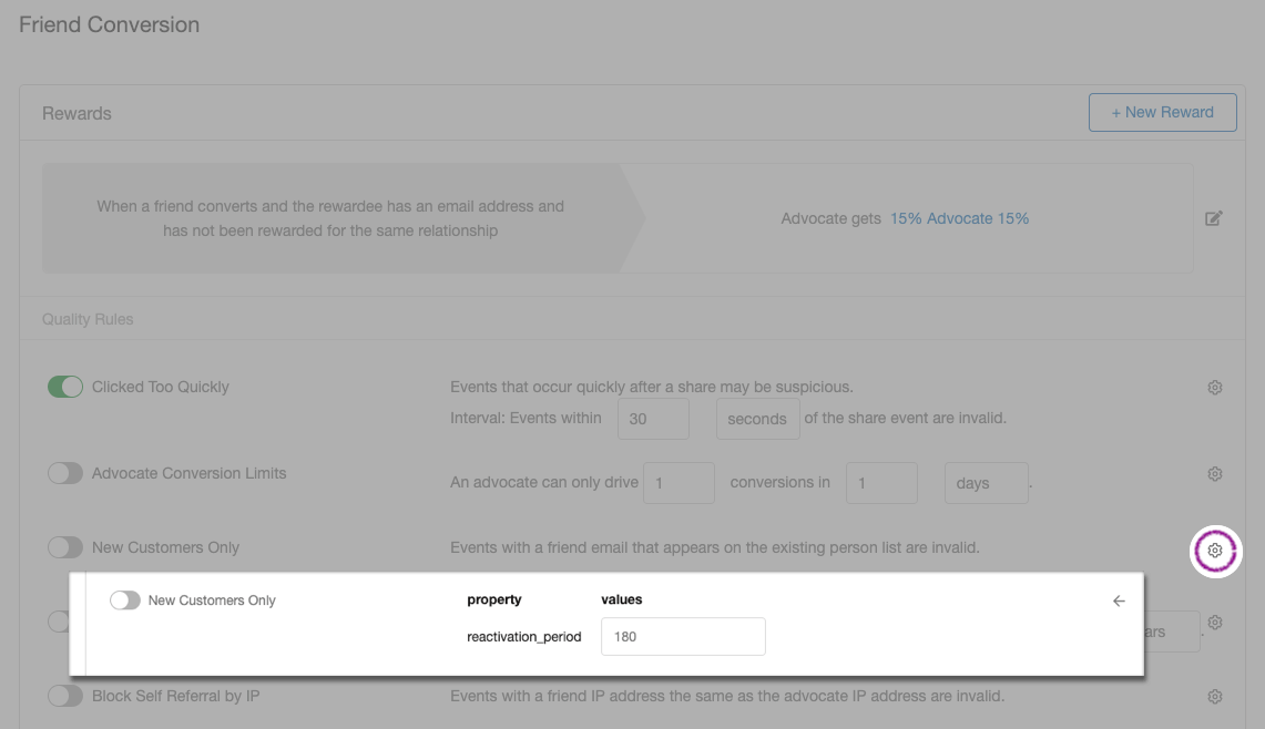 Screenshot showing Once on the campaign editor, click the Rules tab then scroll down to the Friend Conversion section (or Registration, depending on where you want to enforce...