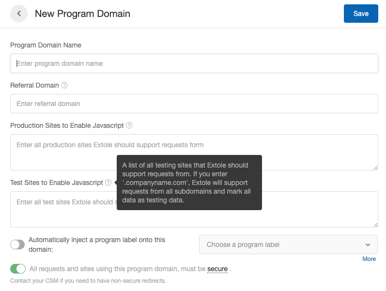 Screenshot showing To flag a site as a test site, navigate to your Tech Center in My.Extole. If you are editing an existing program domain, click the edit icon next to it in...
