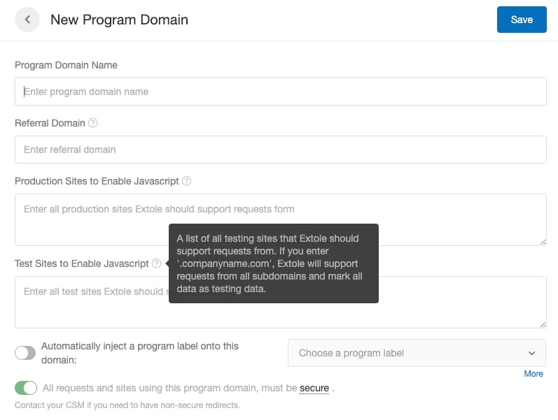Screenshot showing To flag a site as a test site, navigate to your Tech Center in My.Extole. If you are editing an existing program domain, click the edit icon next to it in...