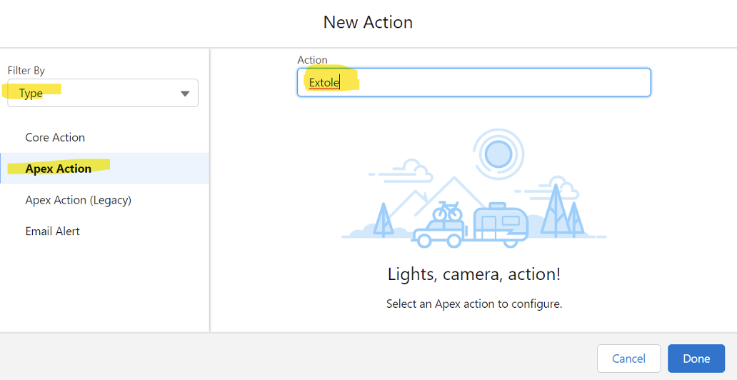 Screenshot showing Select the Apex Action and Controller you just created.