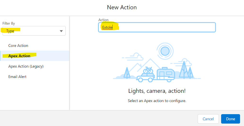 Screenshot showing Select the Apex Action and Controller you just created.