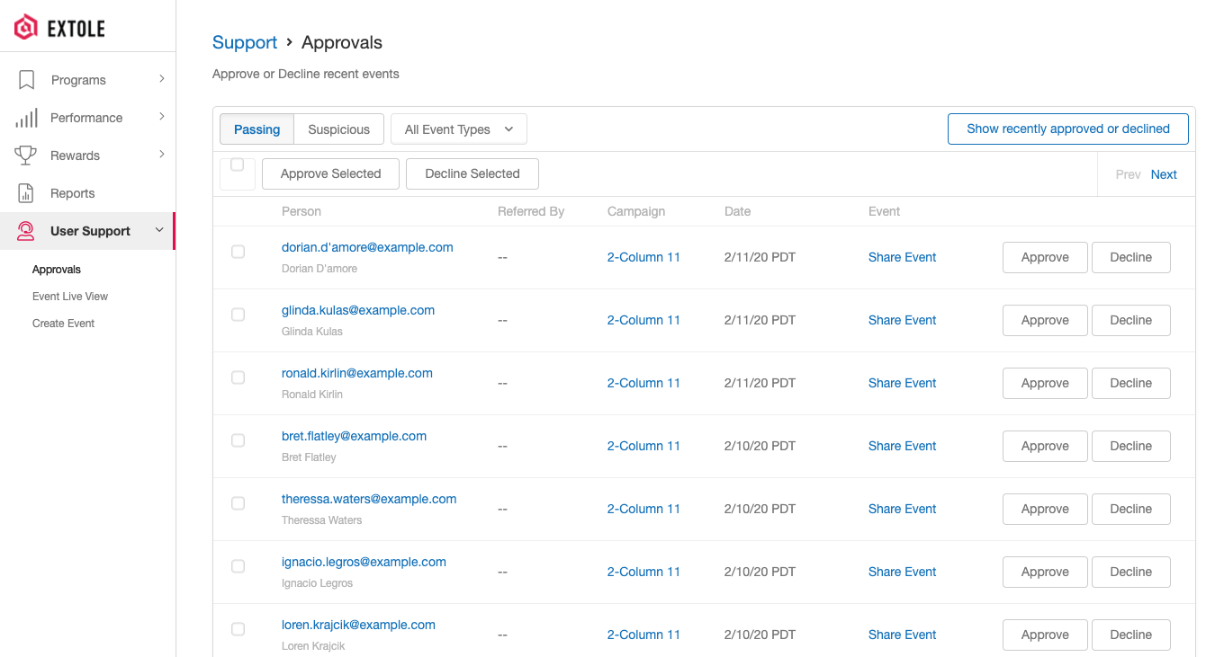 Screenshot showing In order to quickly approve and decline events, navigate to User Support --> Approvals from the sidebar.