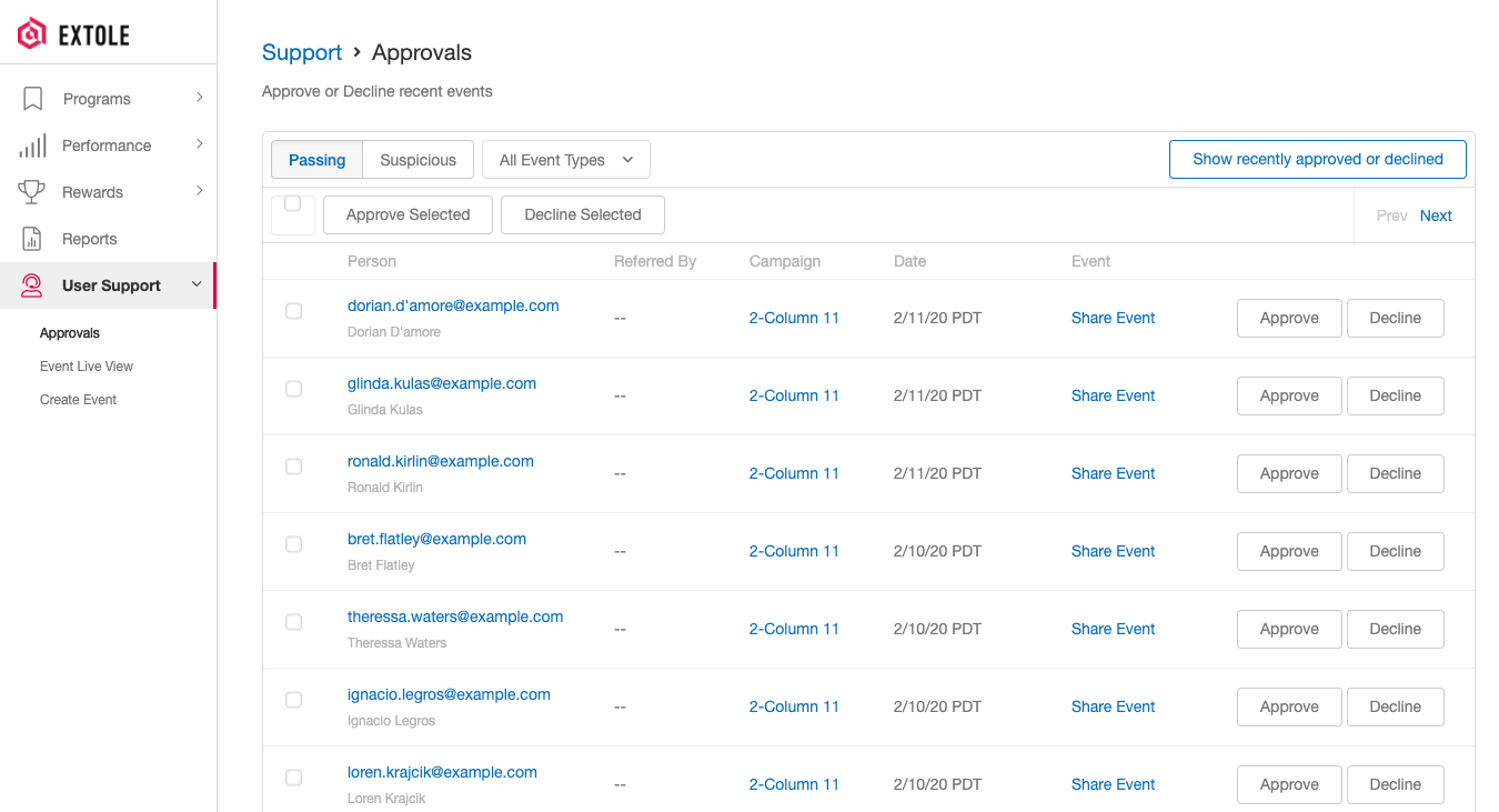 Screenshot showing In order to quickly approve and decline events, navigate to User Support --> Approvals from the sidebar.