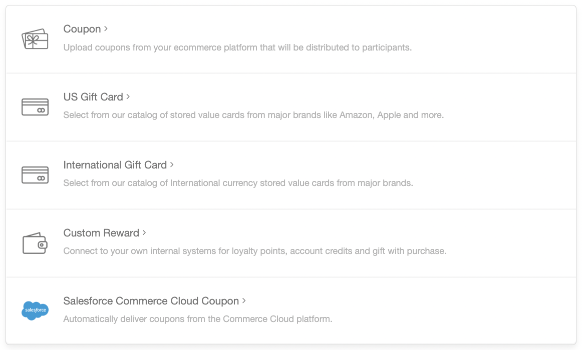 Screenshot showing Our rewards system allows you to add a variety of reward types to your account so they can be distributed through your programs. You can manage individual...
