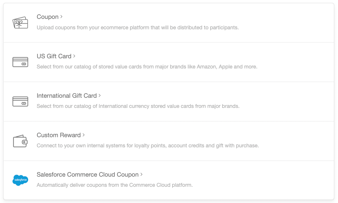 Screenshot showing Our rewards system allows you to add a variety of reward types to your account so they can be distributed through your programs. You can manage individual...