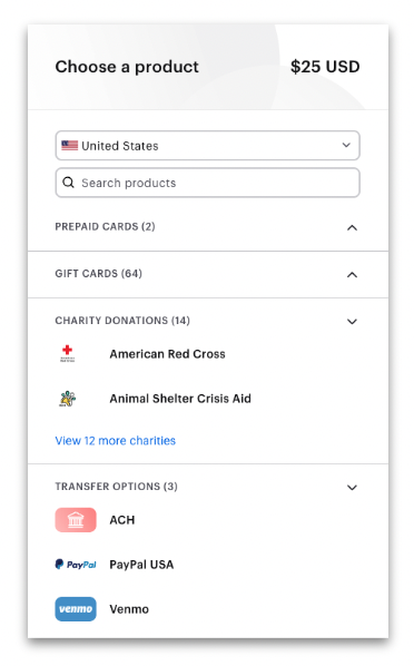 Screenshot showing Provide your program participants with the option to choose any Tremendous reward type available in their region. Search their full catalog.