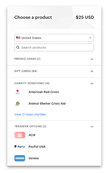 Screenshot showing Provide your program participants with the option to choose any Tremendous reward type available in their region. Search their full catalog.