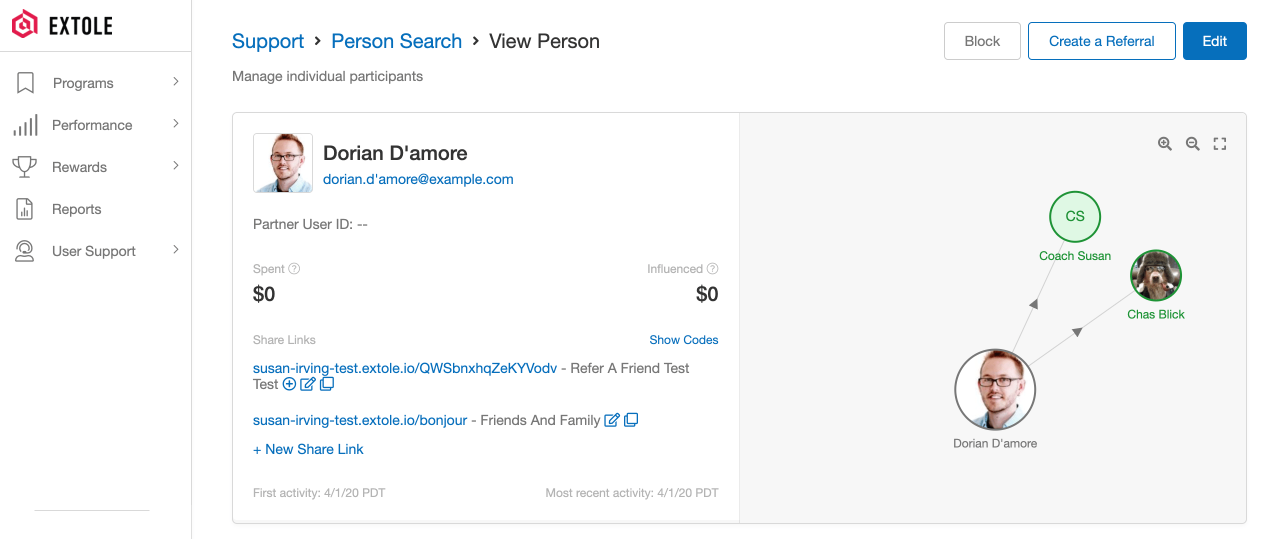 Screenshot showing You can view a person by clicking their email under the person section when searching for users. The View Person page provides a high-level overview of the...