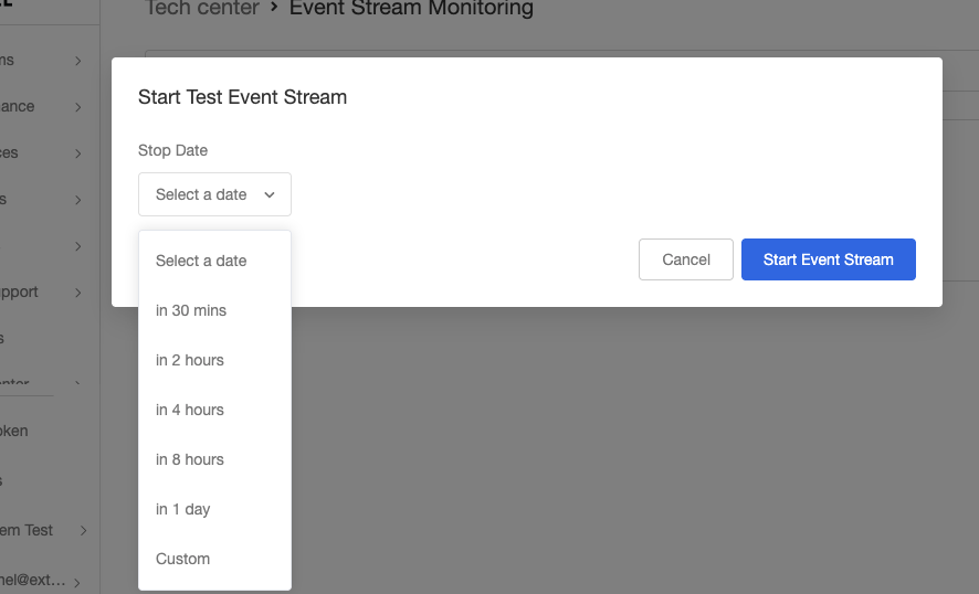 Screenshot showing You can edit or delete the event stream from the current page or update the stop date.