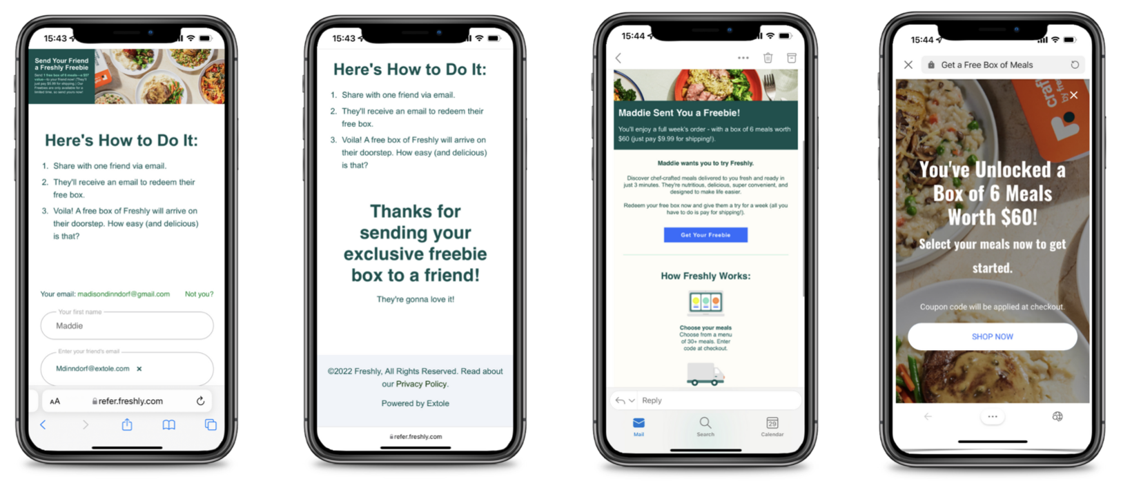 Four phones displaying the user journey through a Friends and Family program in the Freshly app