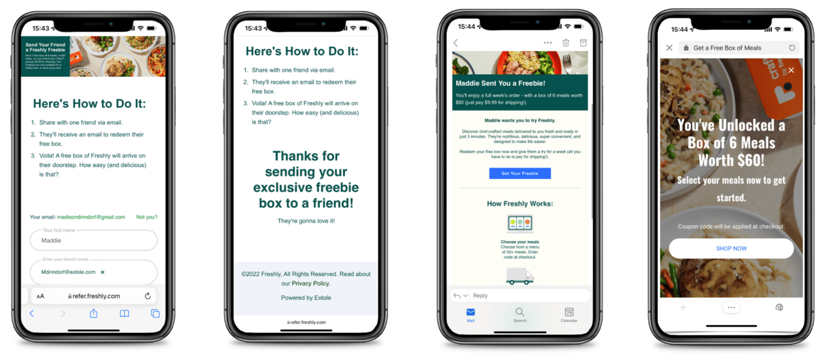 Four phones displaying the user journey through a Friends and Family program in the Freshly app