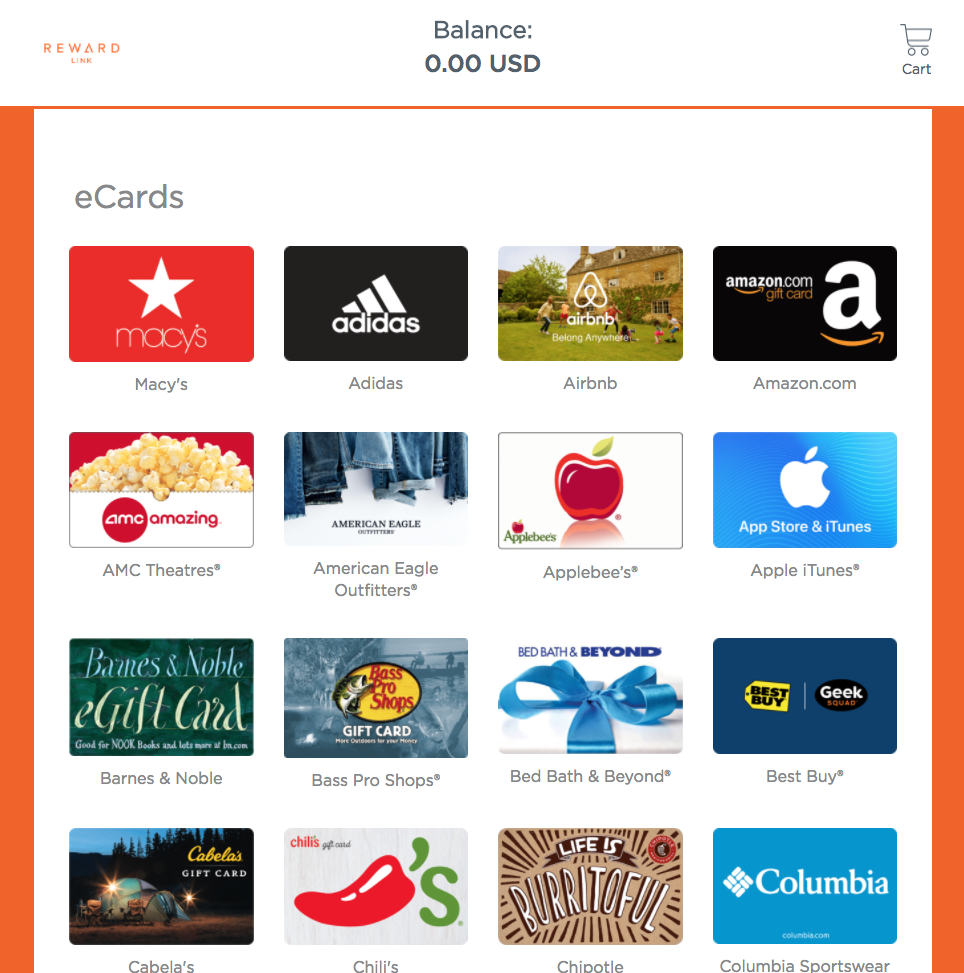 Screenshot showing Tapping on the link will take the consumer to a landing page that describes the available rewards - by default, this will be a list of all available rewards....