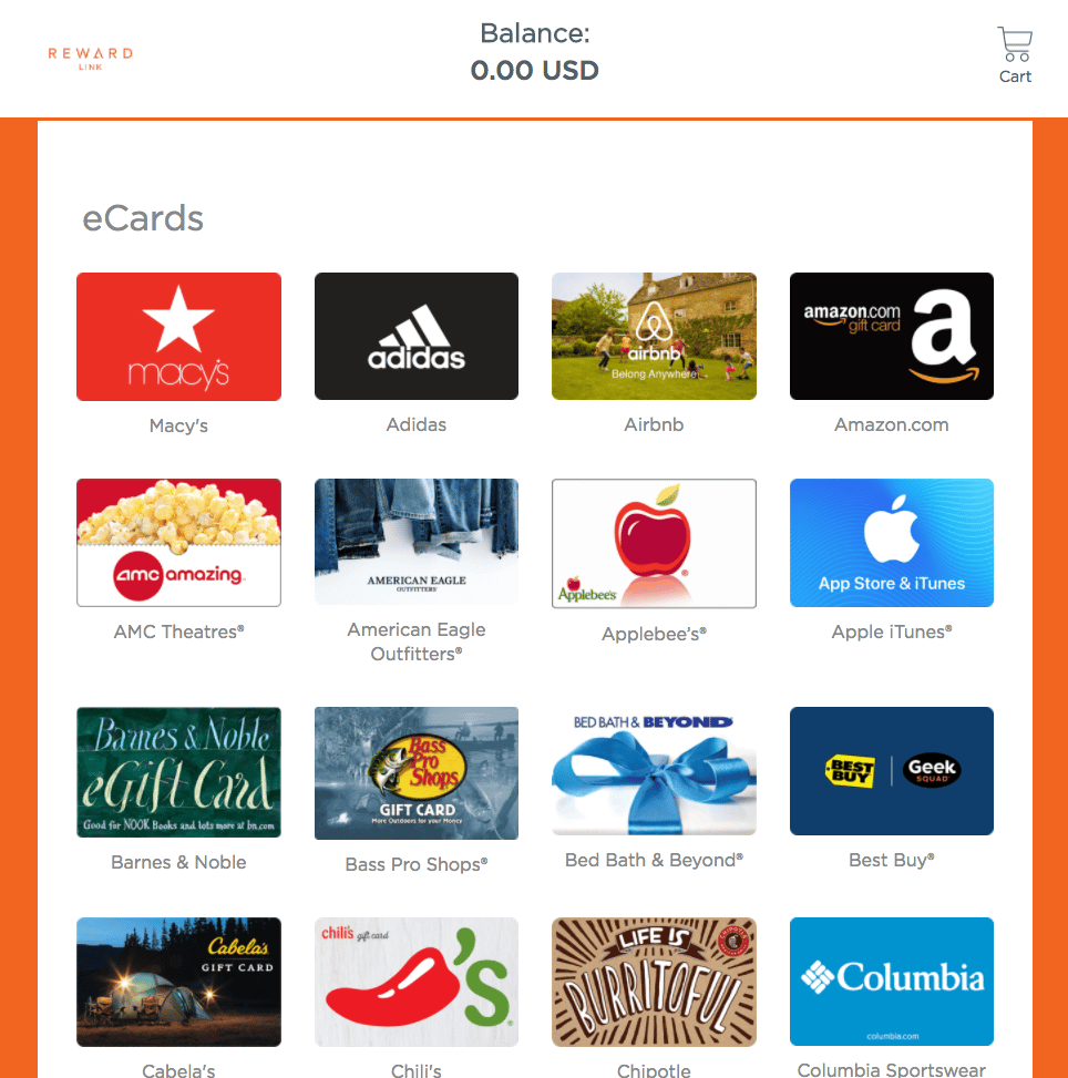 Screenshot showing Tapping on the link will take the consumer to a landing page that describes the available rewards - by default, this will be a list of all available rewards....