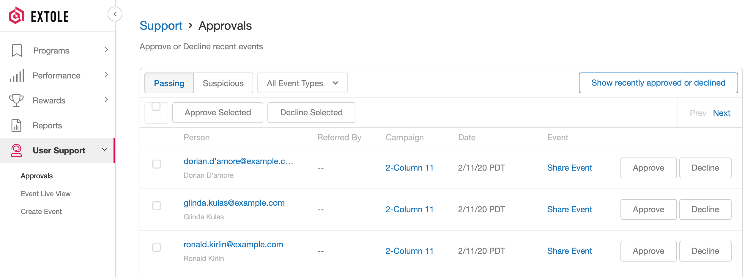 Screenshot showing To be able to approve or decline any recent event from your program, expand User Support in the sidebar and click Approvals.