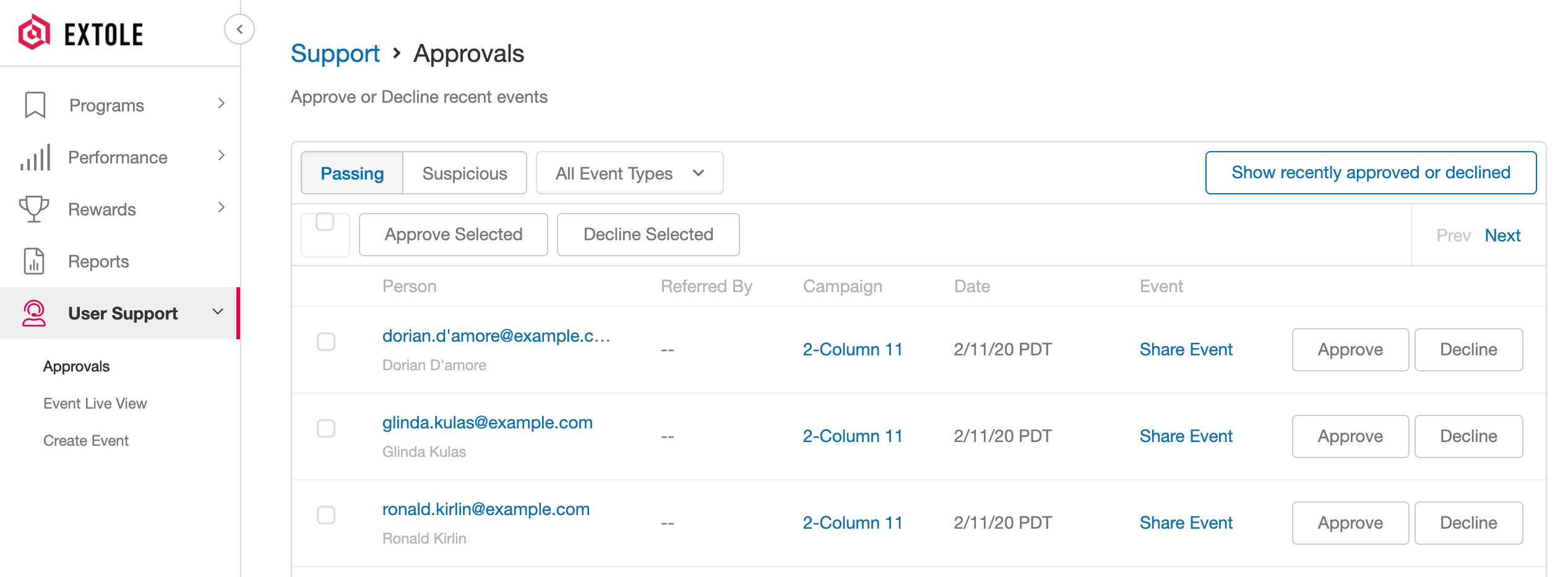Screenshot showing To be able to approve or decline any recent event from your program, expand User Support in the sidebar and click Approvals.