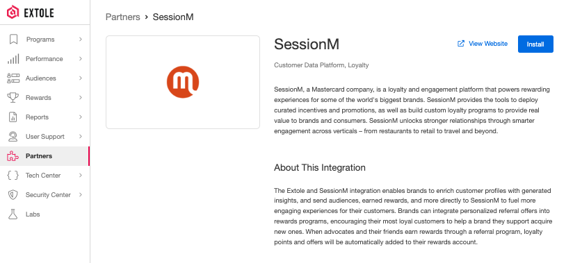 Screenshot showing Navigate to the Partners page within the Extole platform. Select SessionM and install the integration.