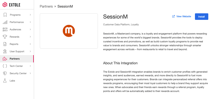 Screenshot showing Navigate to the Partners page within the Extole platform. Select SessionM and install the integration.