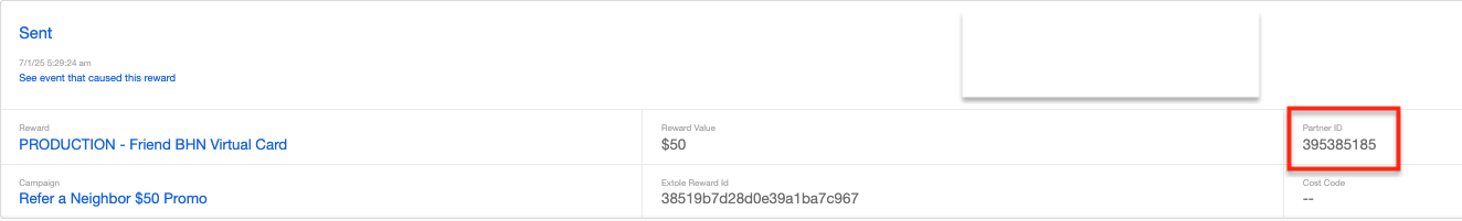 The Partner ID field on a reward event in My Extole, used as the BHN order number