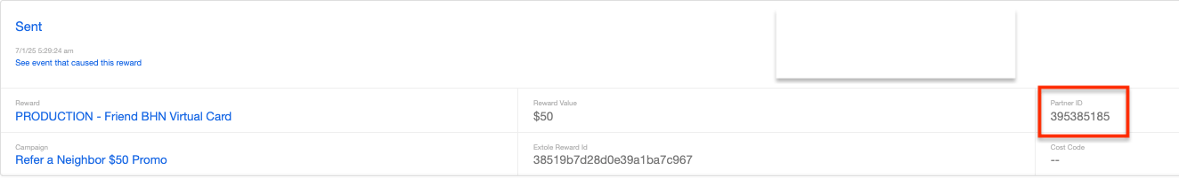 The Partner ID field on a reward event in My Extole, used as the BHN order number