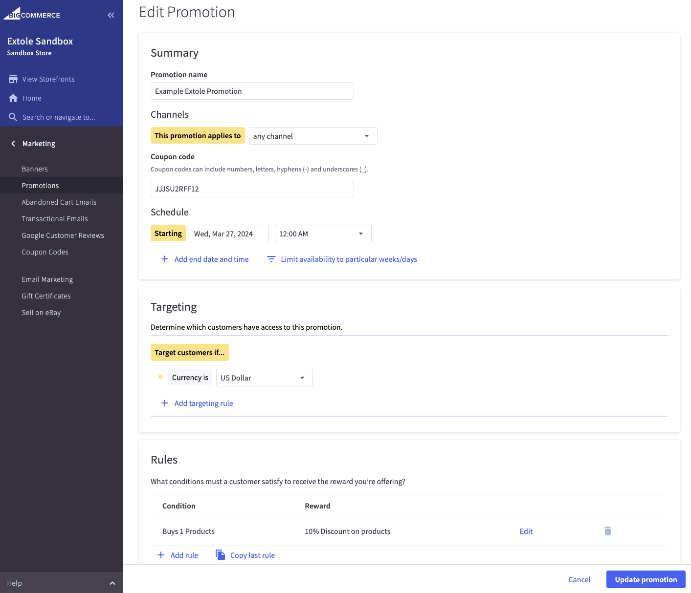 Screenshot showing Create a new Promotion coupon code that will serve as a placeholder for the rewards that will automatically dispensed by Extole. Extole recommends setting a...