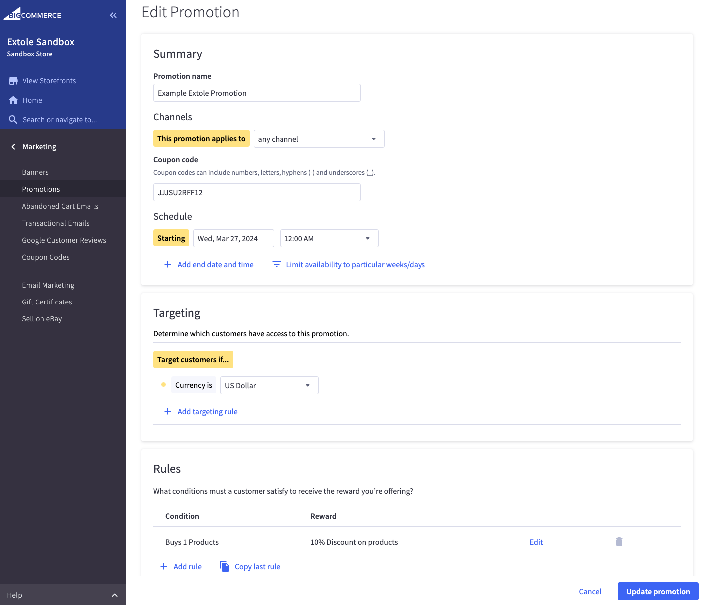 Screenshot showing Create a new Promotion coupon code that will serve as a placeholder for the rewards that will automatically dispensed by Extole. Extole recommends setting a...