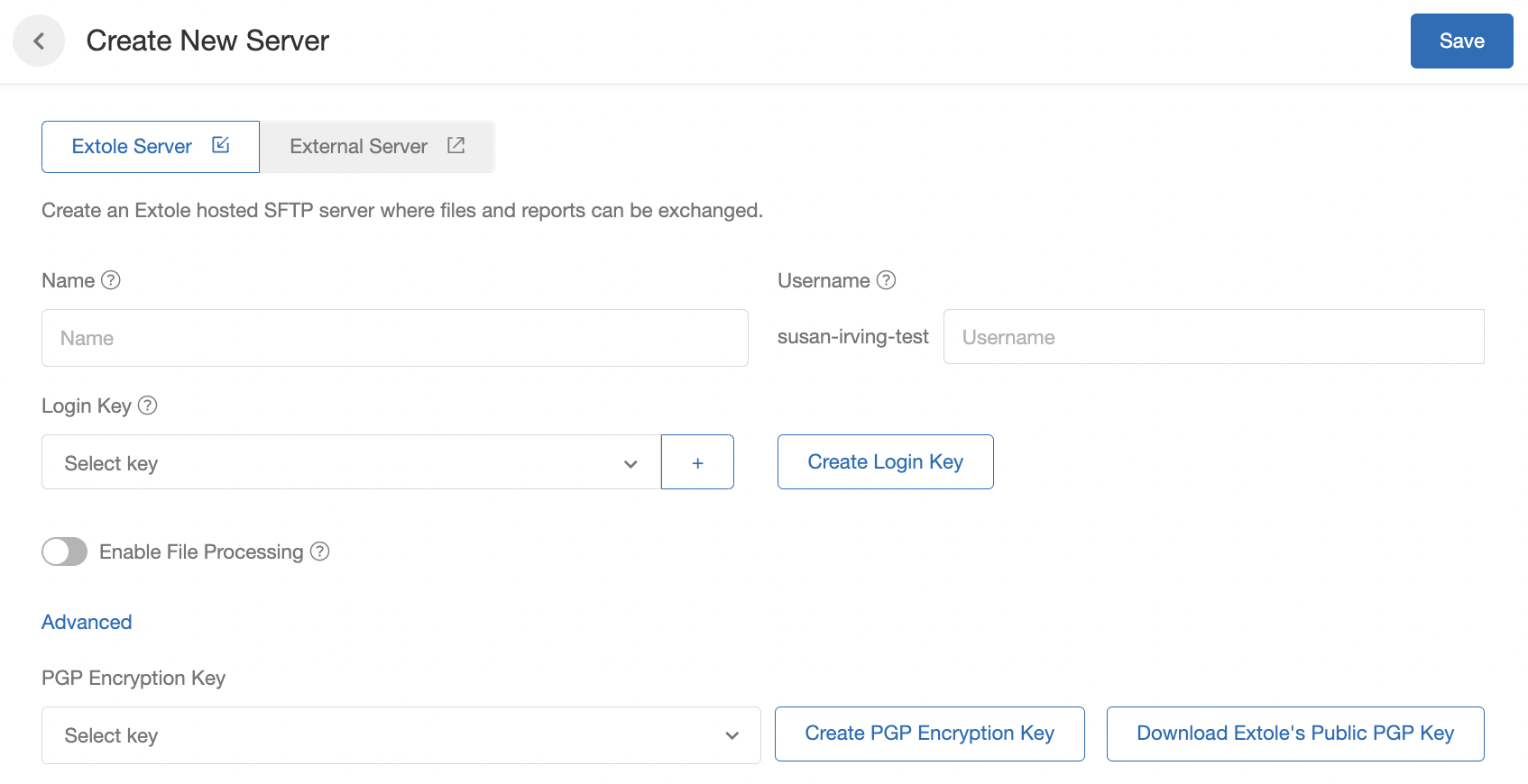 Screenshot showing Navigate to the Tech Center and click the "+ New Server" button. Make sure you have selected "Extole Server" in the top left. You will see a number of fields...