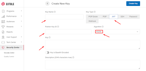 Screenshot showing | Key | The key itself (32 or more characters in length). |