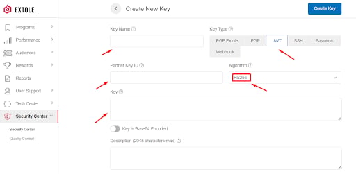 Screenshot showing | Key | The key itself (32 or more characters in length). |