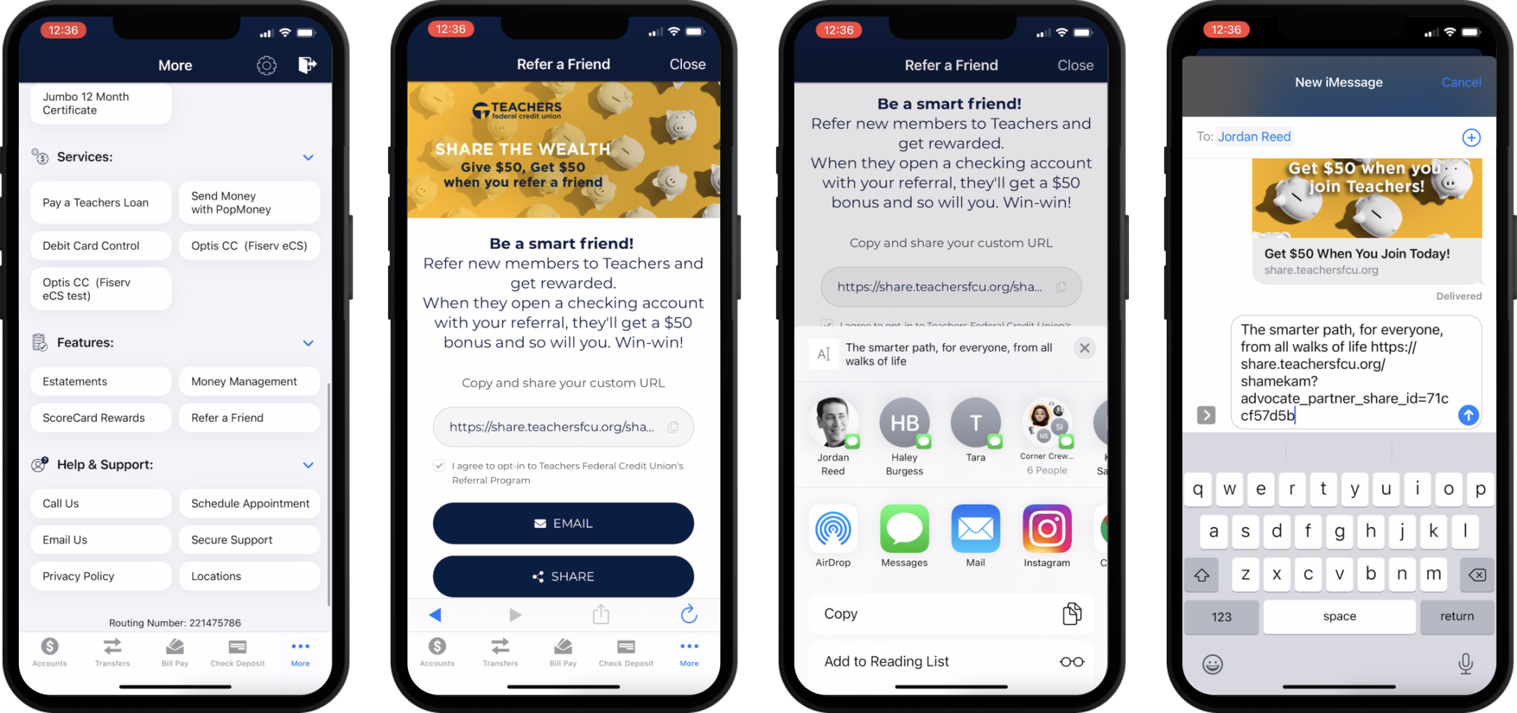 Four iPhones that each show a step in the sharing process for a referral program