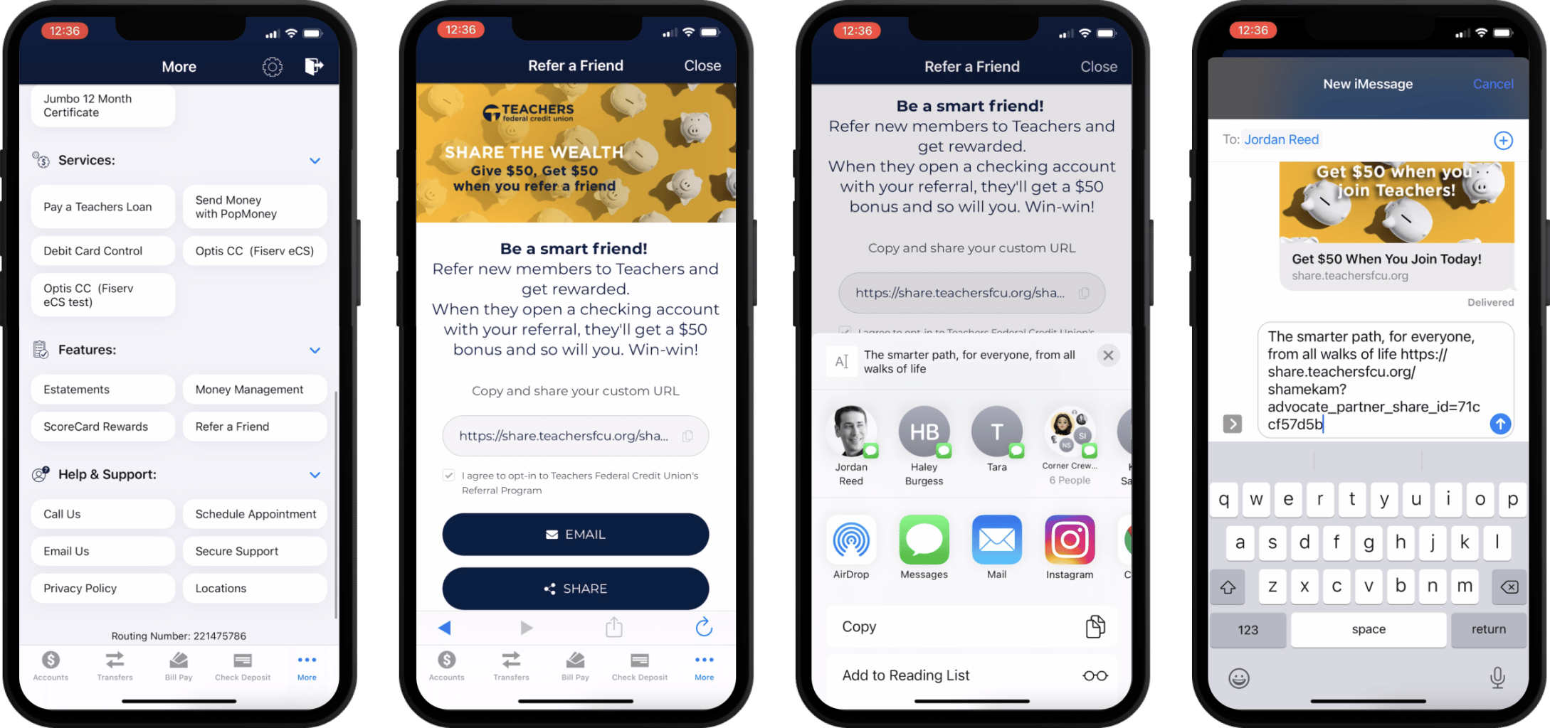 Four iPhones that each show a step in the sharing process for a referral program