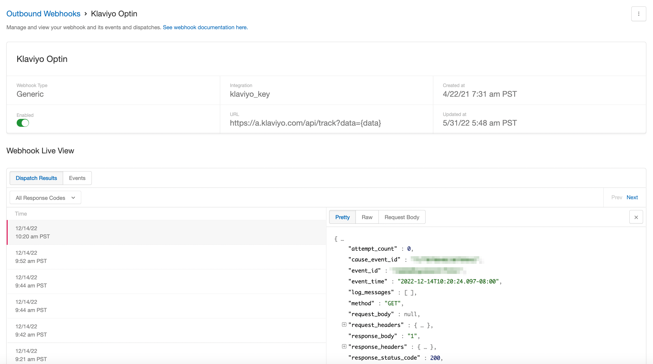 Screenshot showing Once you have a webhook configured, you'll be able to see a detailed view of it from the Outbound Webhooks page. Here you will see the top-level details of...