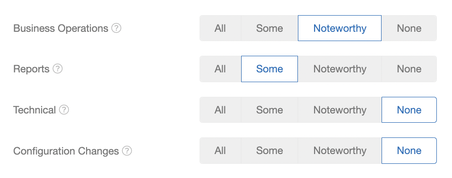 Screenshot showing My Extole notifications include four categories: Business Operations, Reports, Technical, and Configuration Changes. Each category has four subscription levels.