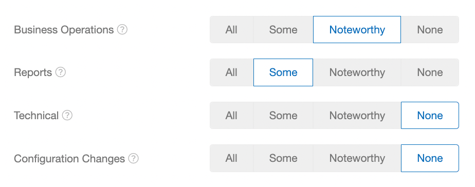 Screenshot showing My Extole notifications include four categories: Business Operations, Reports, Technical, and Configuration Changes. Each category has four subscription levels.