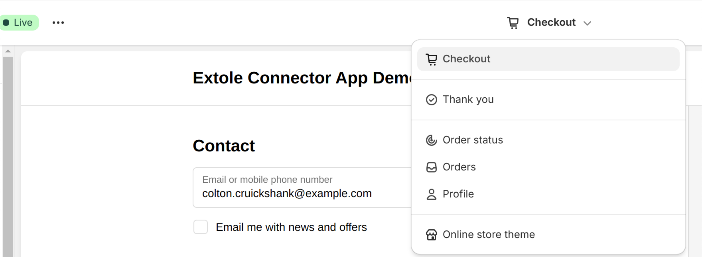 Screenshot showing From the dropdown menu in the Theme Editor, select the 'Thank You' or 'Order Status' section.
