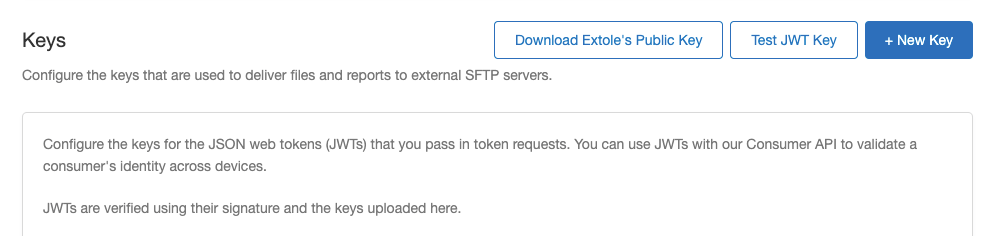 Screenshot showing After generating your new key, save it and navigate to the My Extole Security Center. Click the + New Key button.