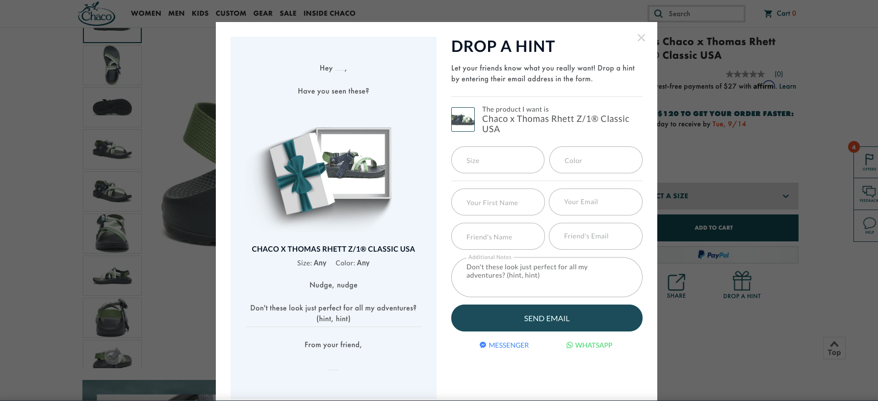 Screenshot showing After filling out the email address of the person they want to share with, they can select their preferred size and color and add a personal message. The...