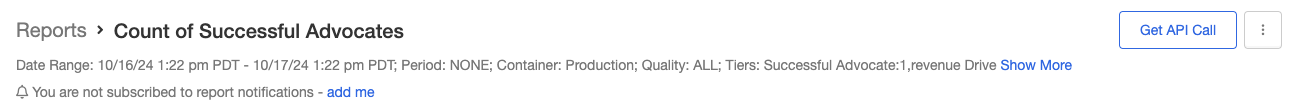 Screenshot showing Click into the report and and hit the button to Get API Call in the top right.